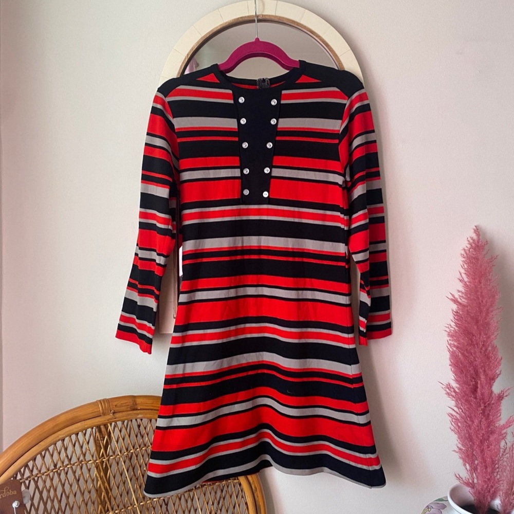 Vintage 60s 70s Red and Black Striped Mod Mini Dress
